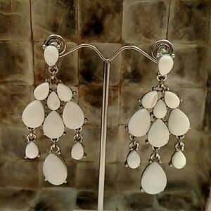 White Stone Tear Drop Shaped Pearl Essence Dangle Earrings Silver With Post Back